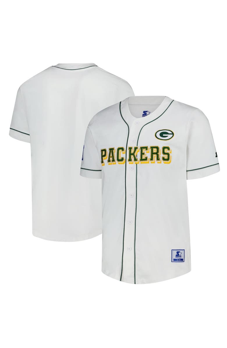 STARTER Men's Starter  White Green Bay Packers Relay Full-Button Baseball Jersey, Main, color, White