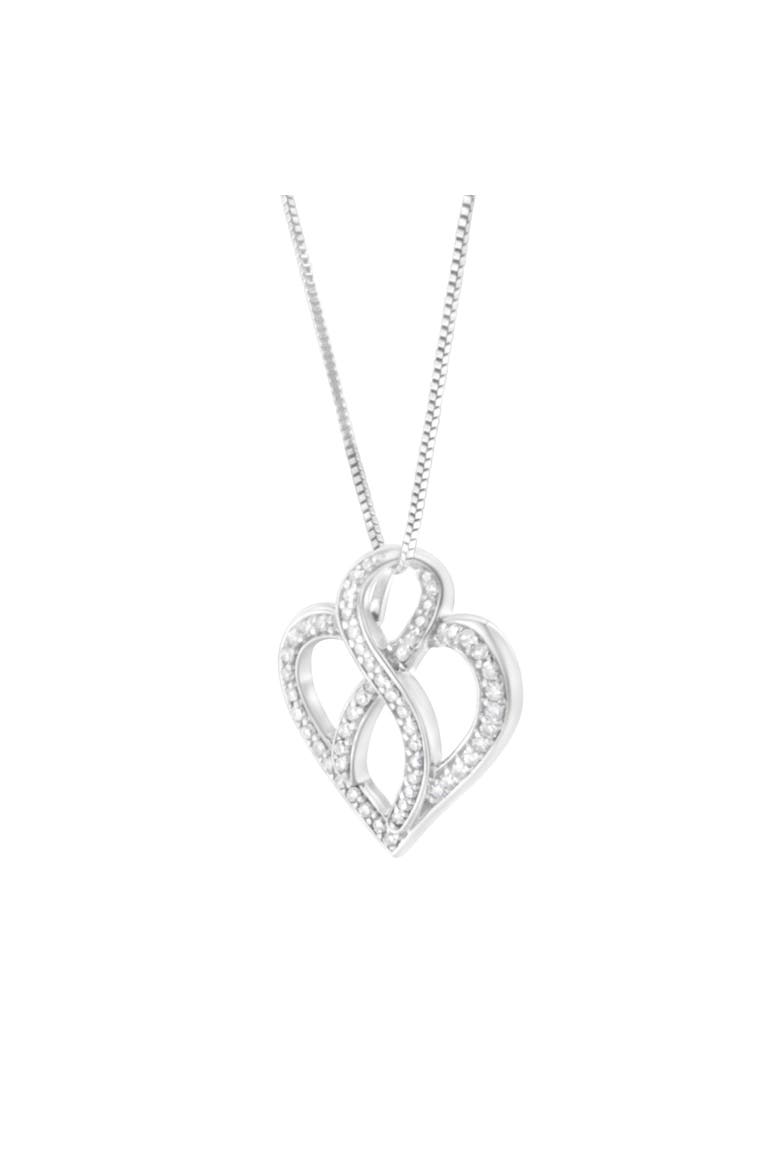 14K White Gold 1/4 cttw Round Cut Diamond Heart and Ribbon Center Pendant Necklace, Alternate, color, White