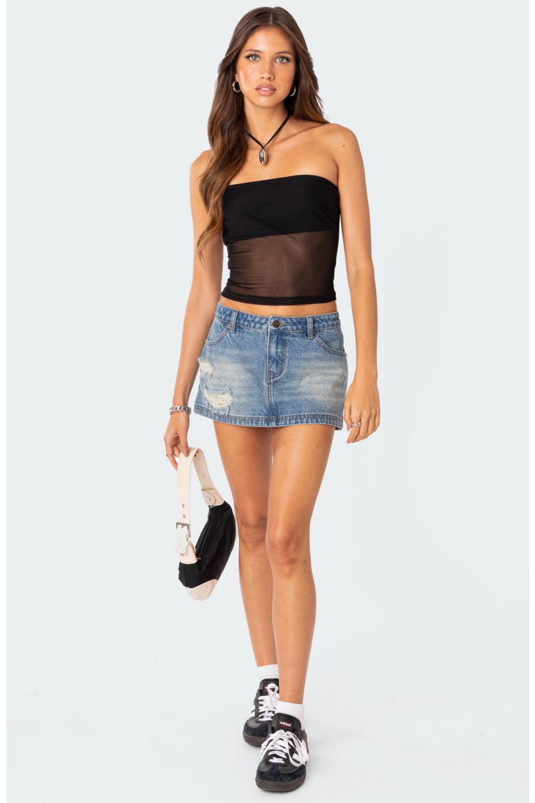 Distressed Low Rise Denim Miniskirt, Alternate, color, BLUE