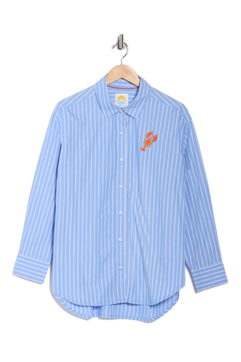 Alaina Oversize Embroidered Stripe Button-Up Shirt, Main, color, BLUE / WHITE STRIPE LOBSTER
