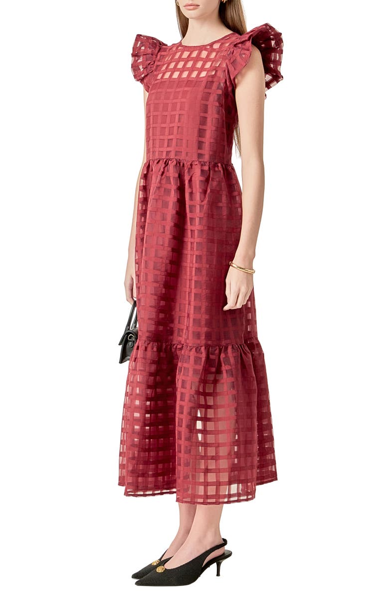 English Factory Check Organza Dress, Alternate, color, Maroon