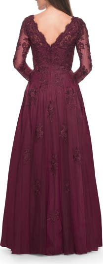 Long Sleeve Lace and Tulle Dress with V Neckline
