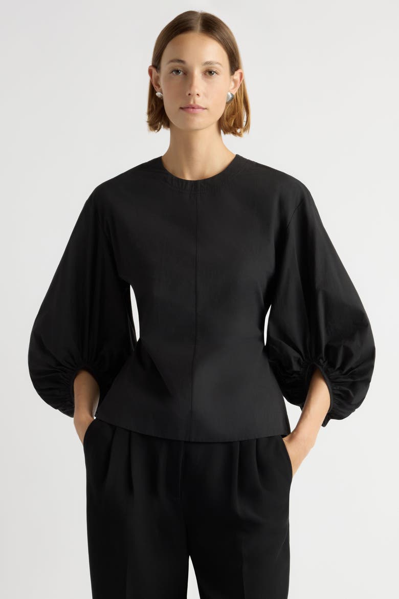 Odessa Sculpted Balloon-Sleeve Blouse, Main, color, Black
