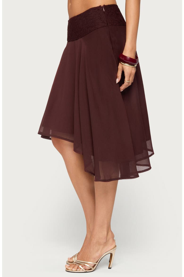 Evia Lace Trim Asymmetric Midi Skirt, Alternate, color, PLUM