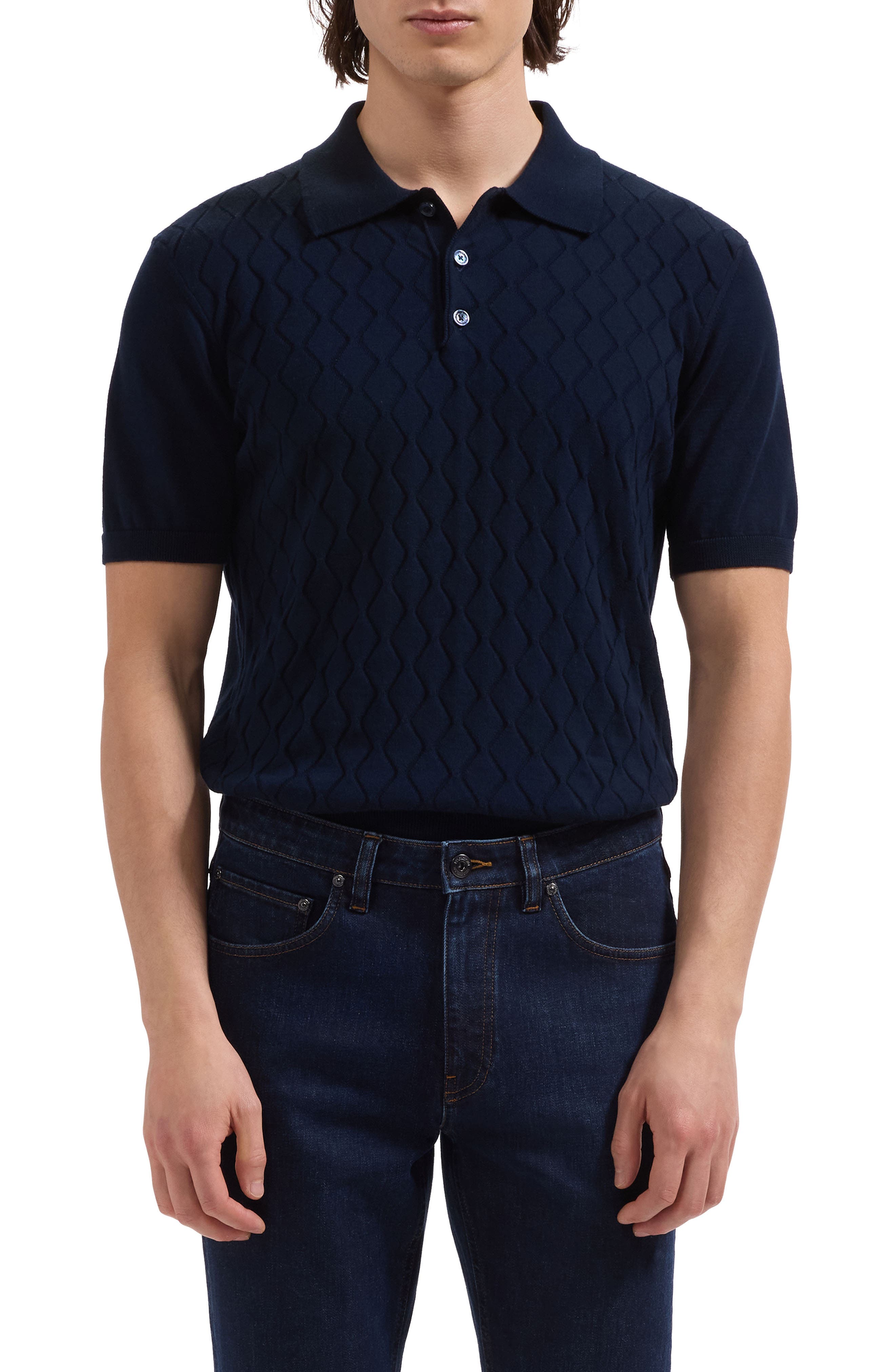 Wave Stitch Cotton Knit Polo - image 3