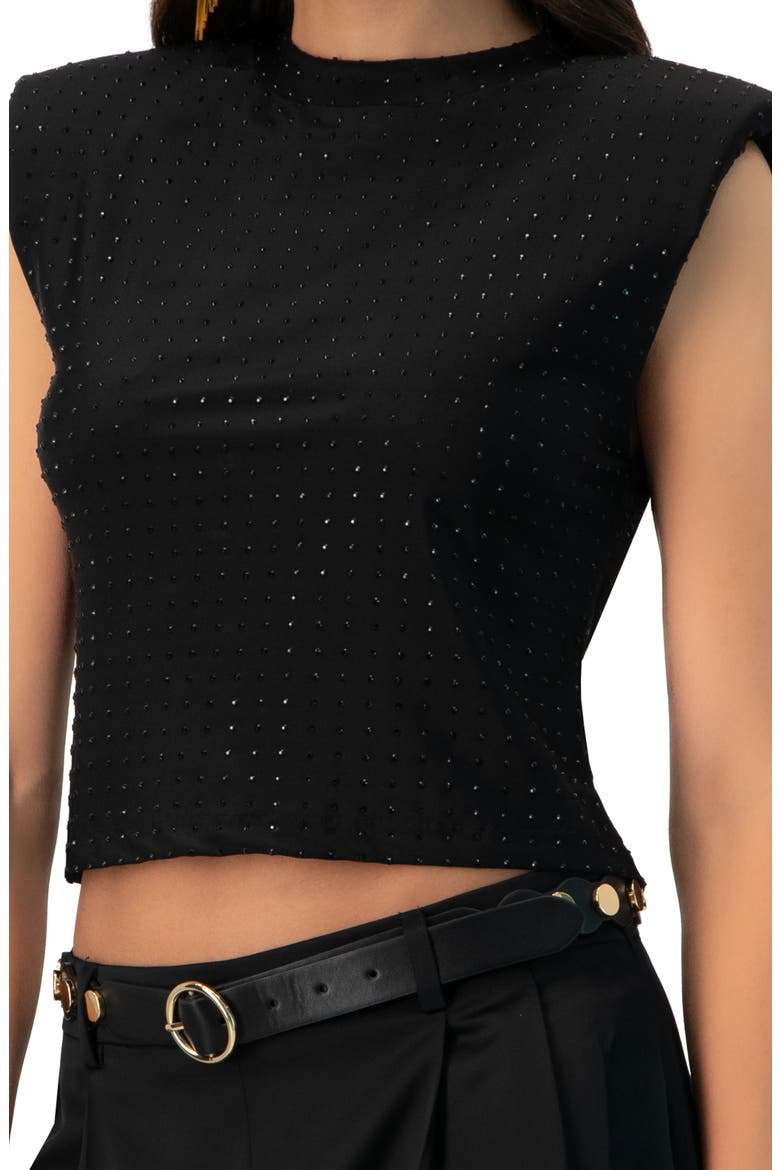 Padded-Shoulder Cropped Rhinestone Top, Alternate, color, Black
