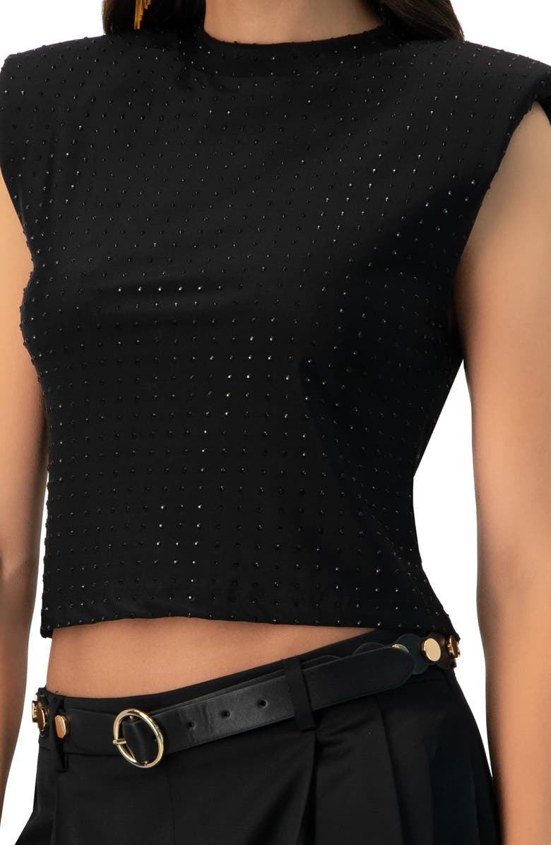 IVONNE Padded-Shoulder Cropped Rhinestone Top, Alternate, color, Black