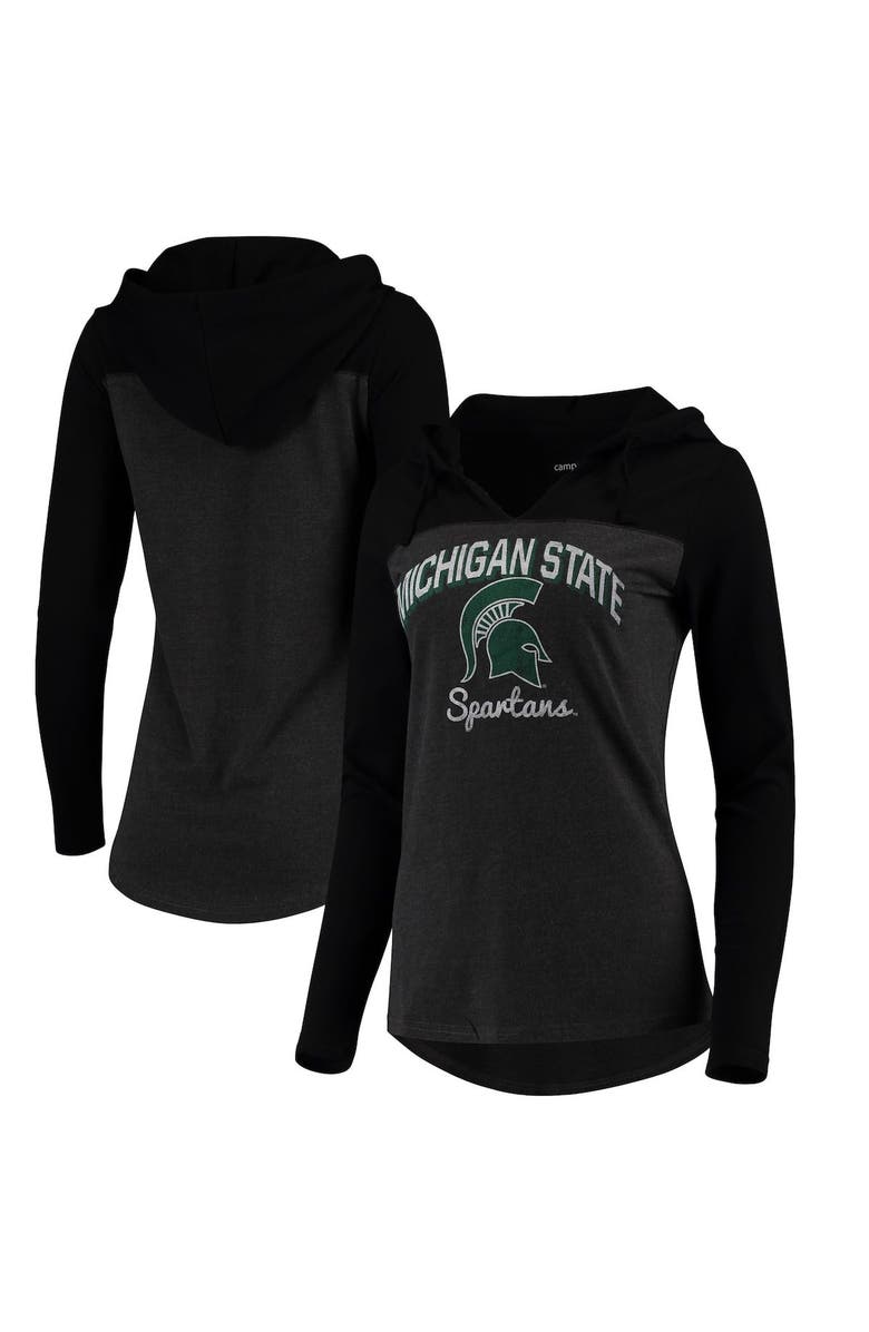 CAMP DAVID Women's Charcoal Michigan State Spartans Knockout Color Block Long Sleeve V-Neck Hoodie T-Shirt, Main, color, 