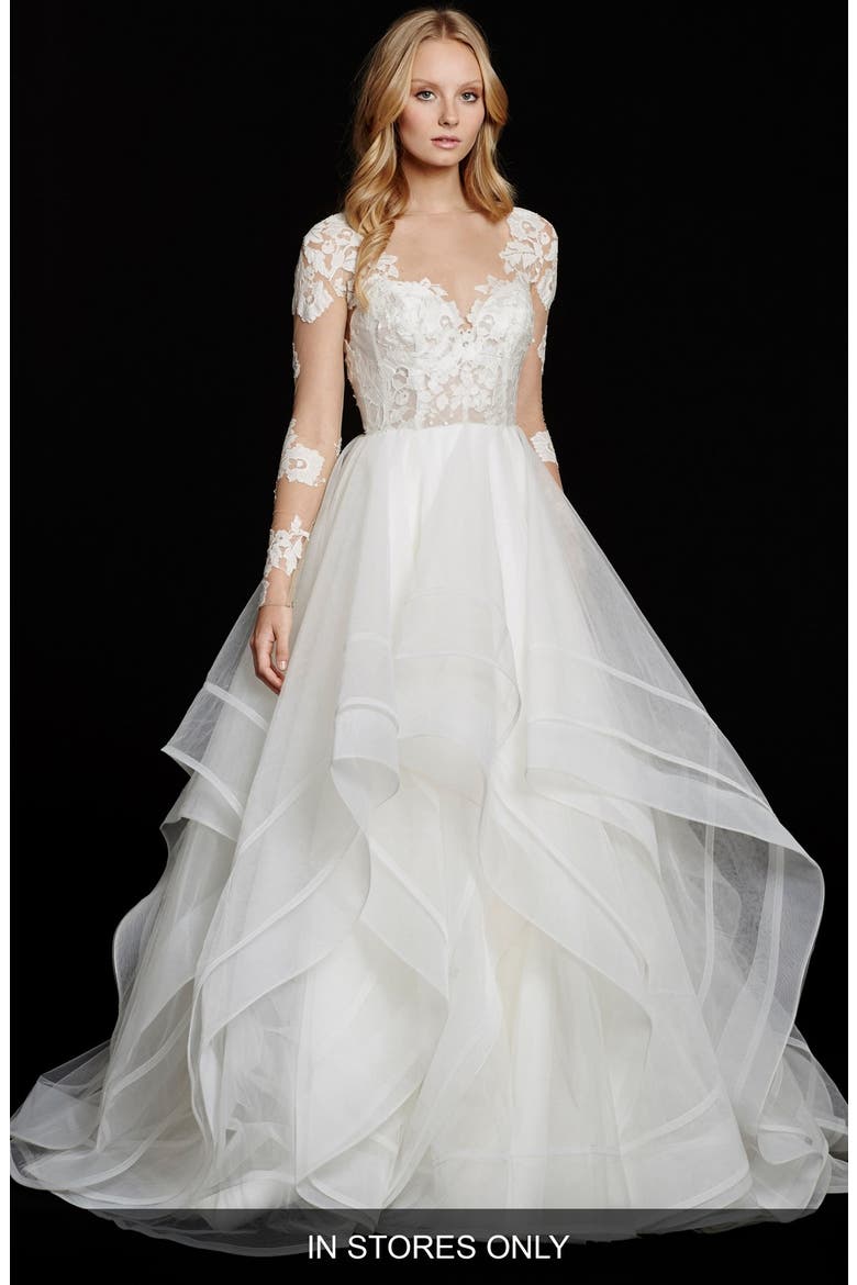 Elysia Long Sleeve Lace & Tulle Ballgown, Main, color, IVORY