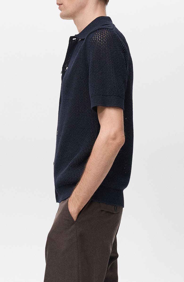 MANGO Openwork Short Sleeve Cotton Button-Up Shirt, Alternate, color, Dark Navy