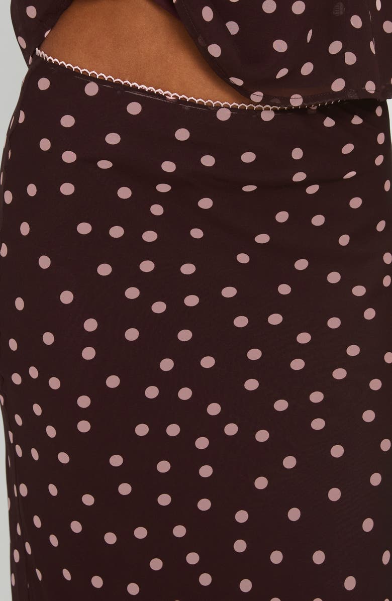 Princess Polly Sydni Dot Bias Cut Midi Skirt, Alternate, color, Chocolate/ Pink Polka
