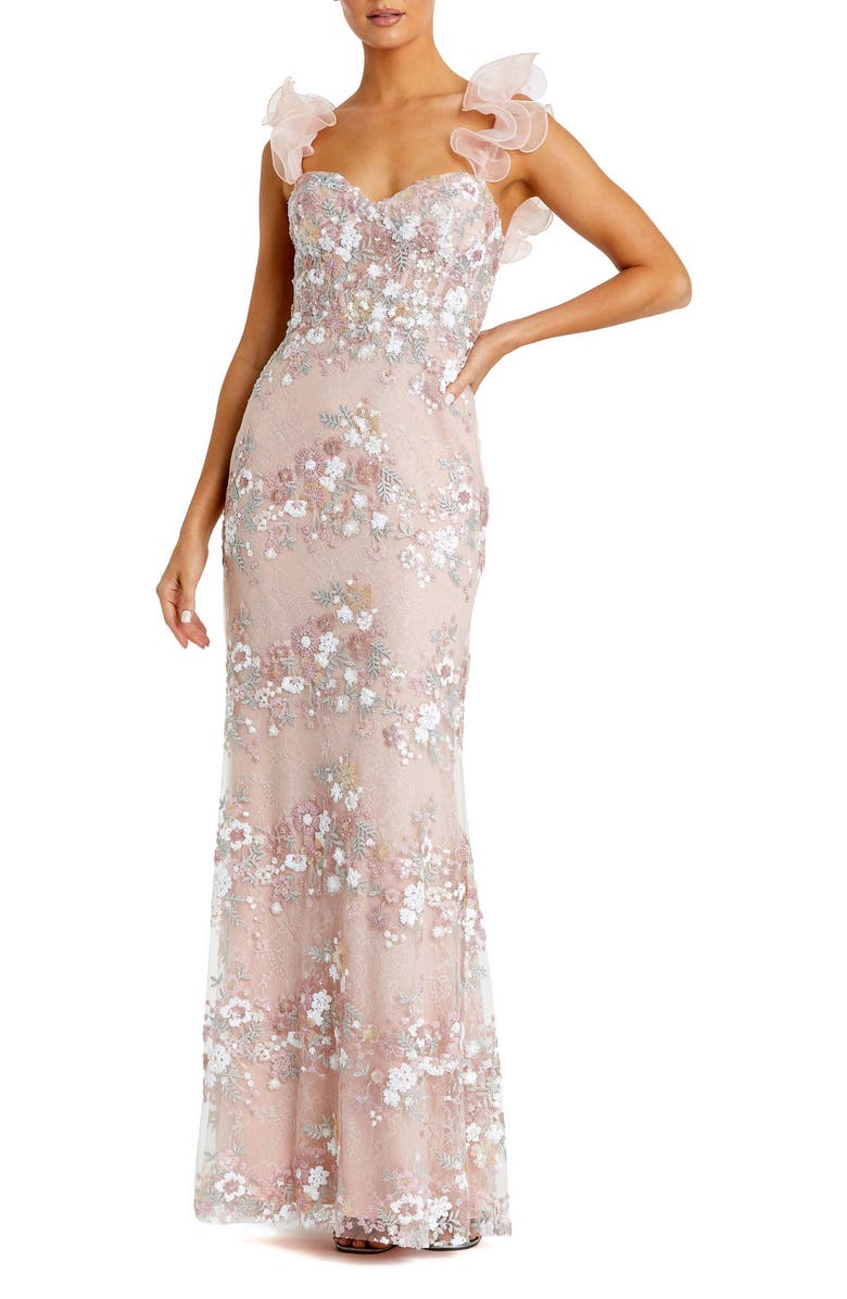 Mac Duggal Floral Embroidered Bustier Gown With Ruffle Straps, Main, color, Pastel Multi