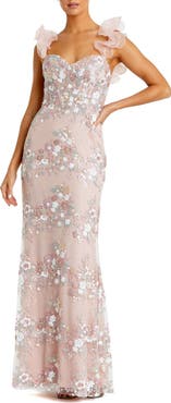 Mac Duggal Embroidered Lace Floral Gown with Ruffle Straps