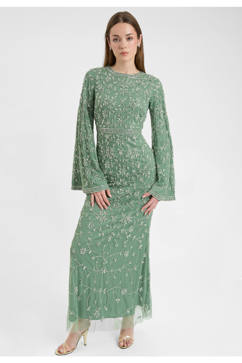 Modest Embellished Sequin Beaded Dress Maxi With Sleeves Design, Alternate, color, GREEN