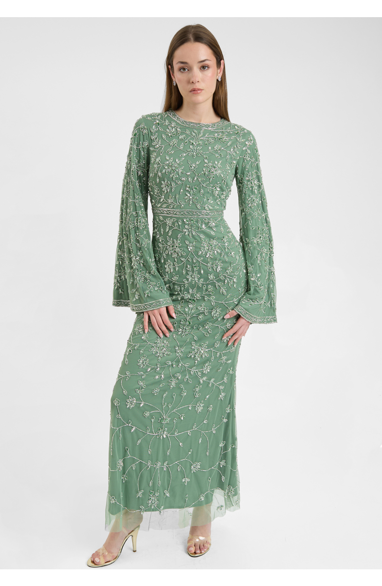 MARYISA Modest Embellished Sequin Beaded Dress Maxi With Sleeves Design, Alternate, color, Green