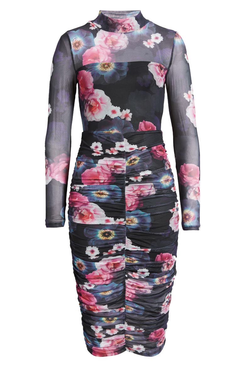 Floral Ruched Mesh Long Sleeve Midi Dress, Alternate, color, BLUE/ GREEN