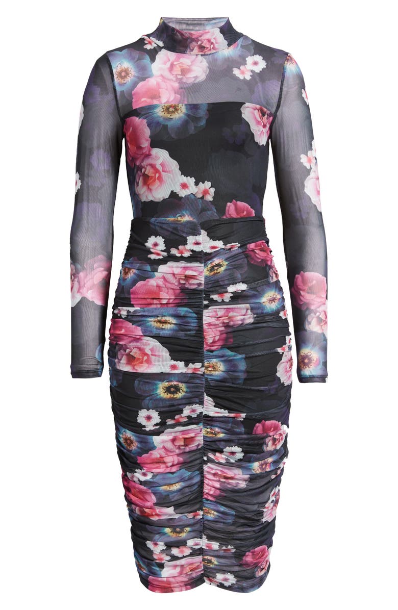 bebe Floral Ruched Mesh Long Sleeve Midi Dress, Alternate, color, 