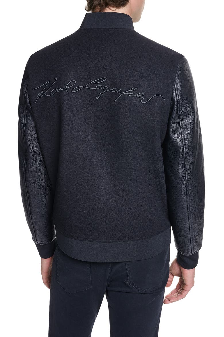 Script Logo Faux Leather Sleeve Bomber Jacket, Alternate, color, BLACK