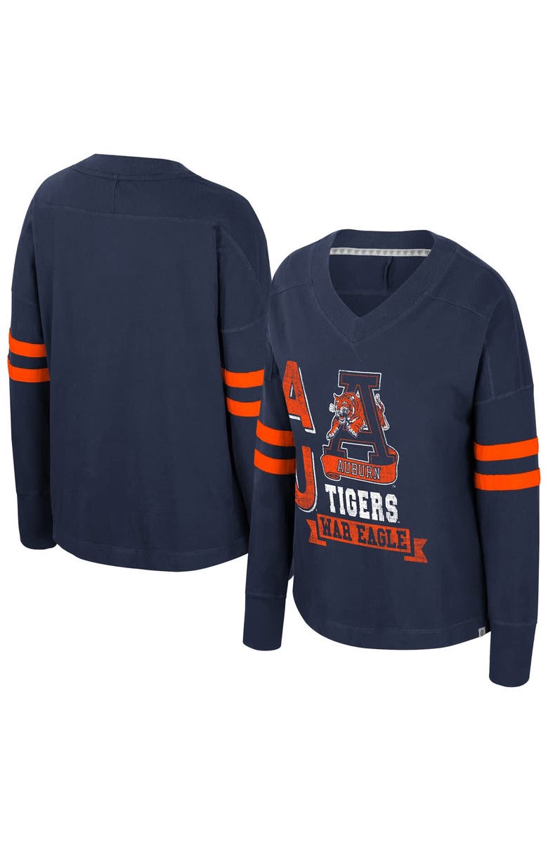 COLOSSEUM Women's Colosseum Navy Auburn Tigers Oversized Violet Distressed V-Neck Long Sleeve T-Shirt, Main, color, Navy
