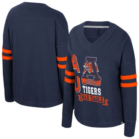 Women's Colosseum  Navy Auburn Tigers Oversized Violet Distressed V-Neck Long Sleeve T-Shirt