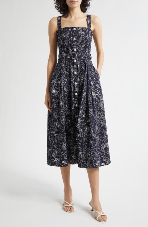 Branwen Garden Doodle Belted Denim A-Line Midi Dress