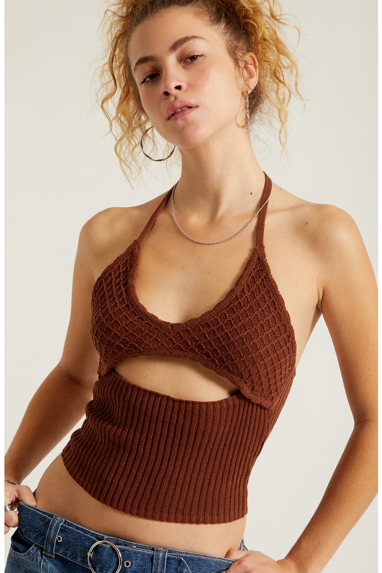 Serafina Knit Halter Neck Crop Tank, Alternate, color, BROWN