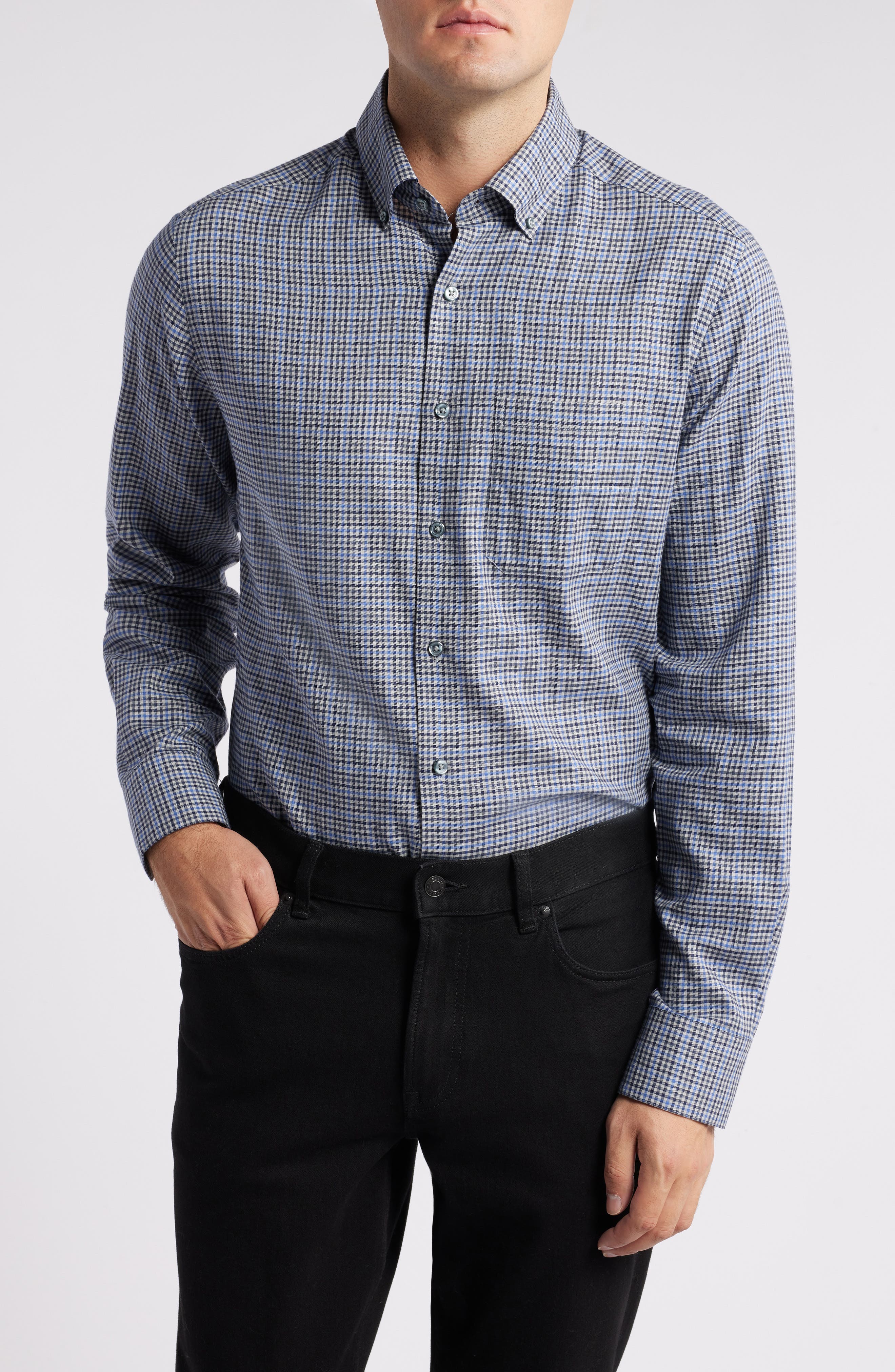 Scott Barber Lightweight Gingham Cotton Twill Button-Down Shirt in Blue 