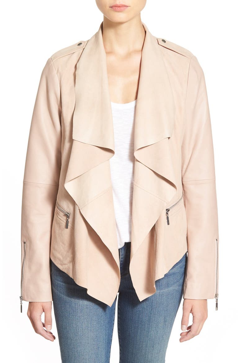 Drape Front Suede & Leather Jacket, Main, color, BLUSH