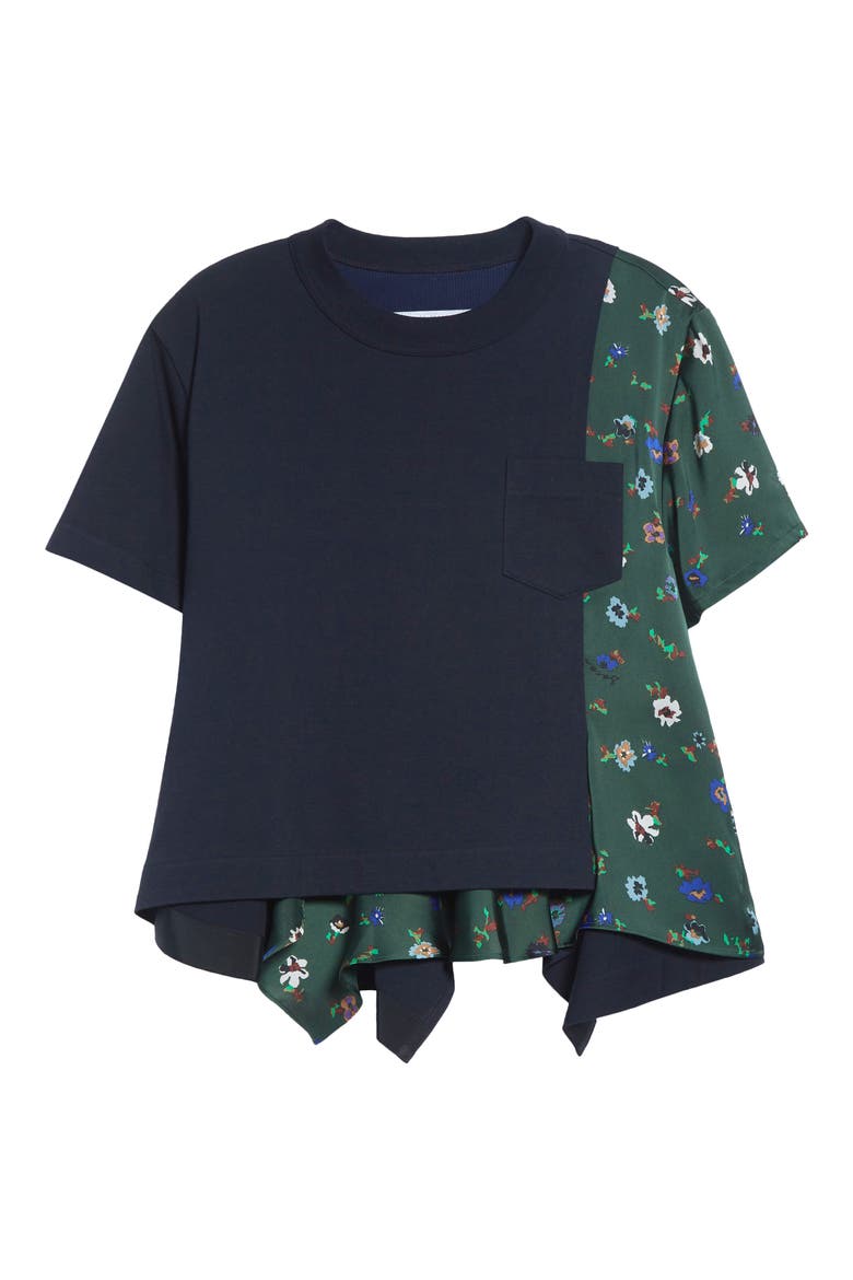 Mixed Media Cotton Jersey & Floral Satin Pocket T-Shirt (Women