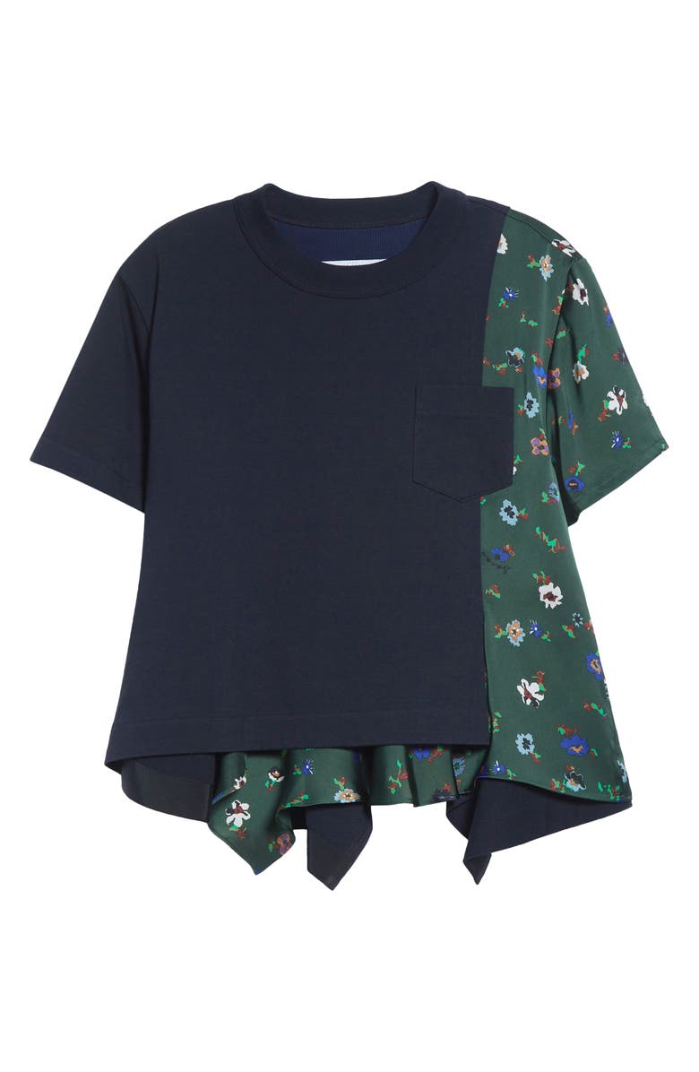 Sacai Mixed Media Cotton Jersey & Floral Satin Pocket T-Shirt, Main, color, Navy/ Green