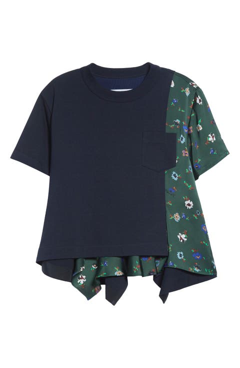 Mixed Media Cotton Jersey & Floral Satin Pocket T-Shirt