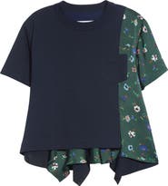 Sacai Mixed Media Cotton Jersey & Floral Satin Pocket T-Shirt
