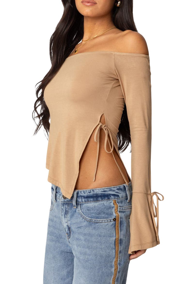 Jeni Asymmetric Side Tie Top, Alternate, color, BROWN