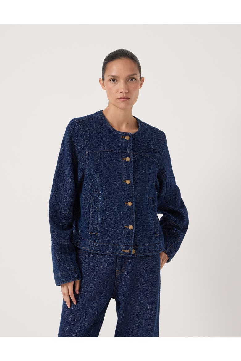 Collarless Lurex Denim Jacket, Main, color, Indigo Gold
