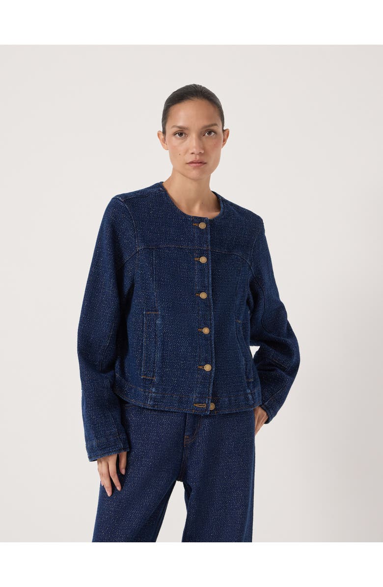 Hush Collarless Lurex Denim Jacket, Main, color, Indigo Gold