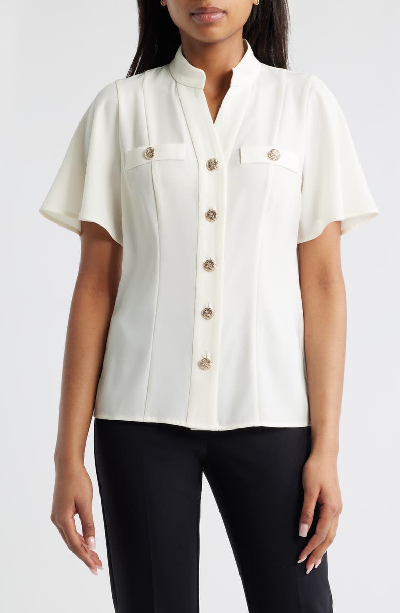 Anne Klein High Neck Short Sleeve Button-Up Shirt, Main, color, 