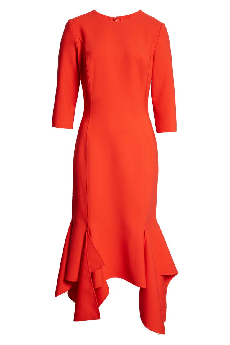 Asymmetric Hem Virgin Wool Blend Midi Dress, Alternate, color, VERMILION