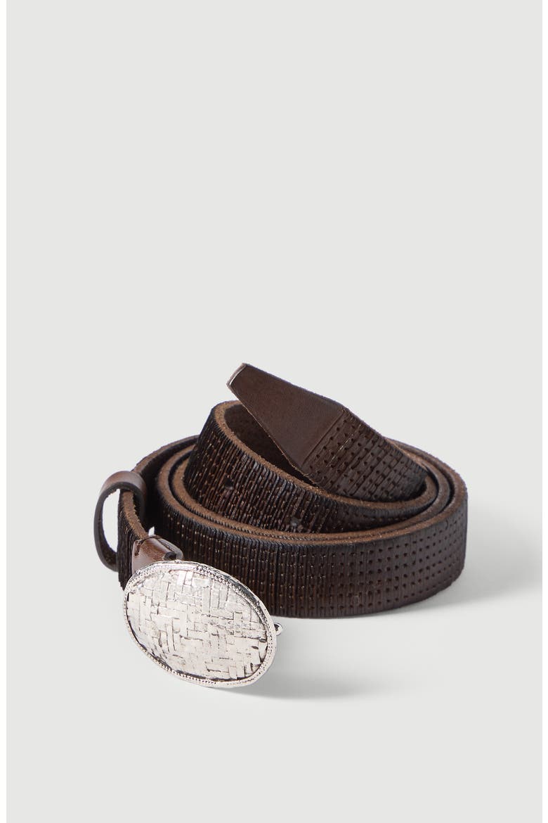 Textured calfskin belt with braided metal buckle, Alternate, color, Rust Brown