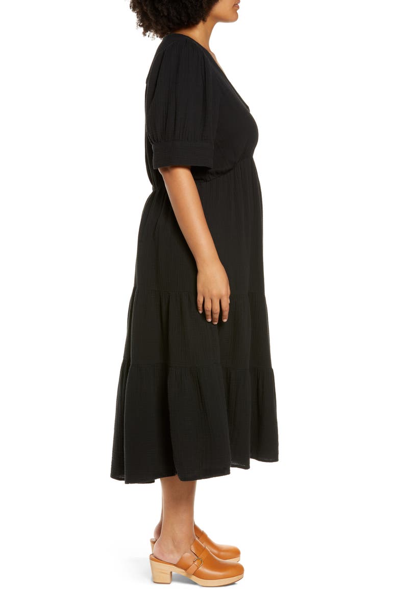 Lightspun Tiered Button Front Midi Dress, Alternate, color, TRUE BLACK