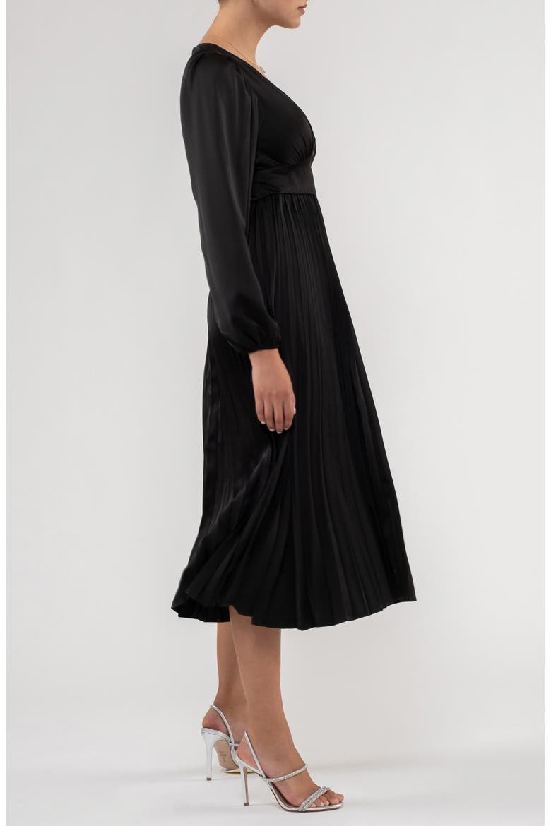 Empire Waist Pleated Satin Midi Dress, Alternate, color, BLACK