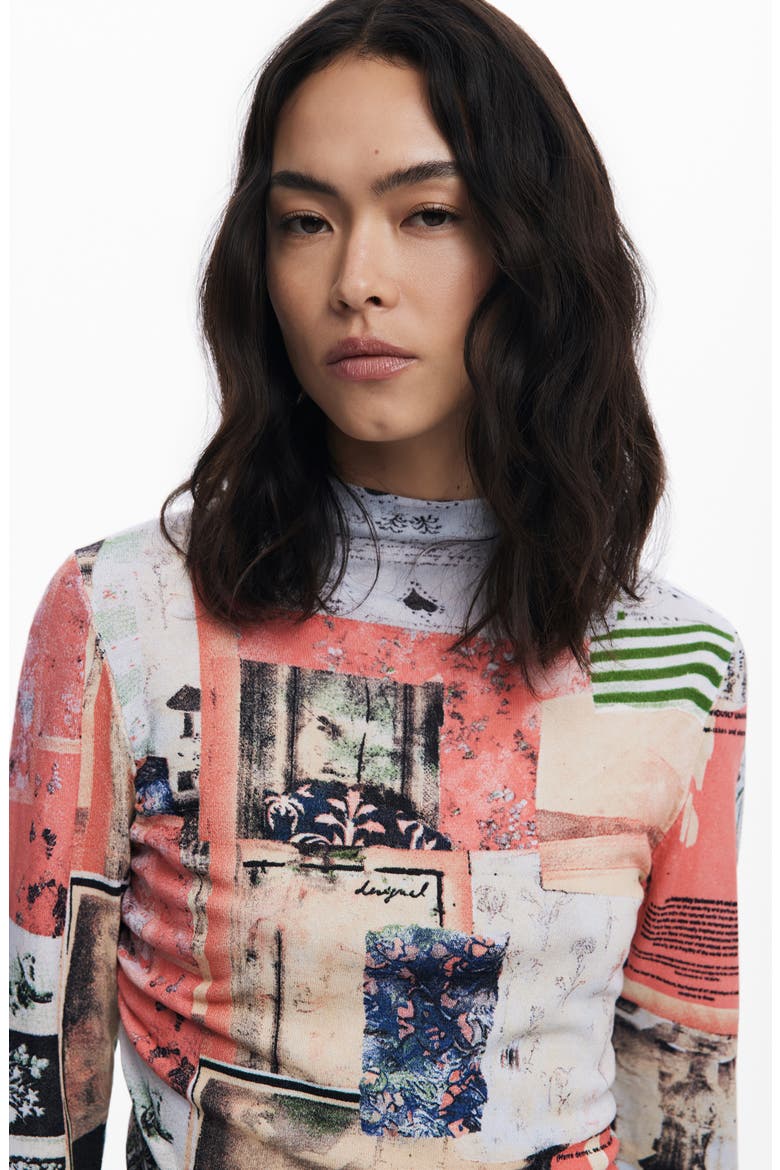 Print Mock Neck Top, Alternate, color, BEIGE
