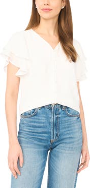 CeCe Double Flutter Sleeve V-Neck Top
