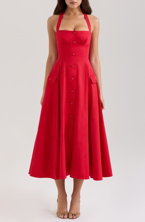 House Of Cb Of Cb Womens Claudia Halterneck Stretch-cotton Midi Dress Red In Red