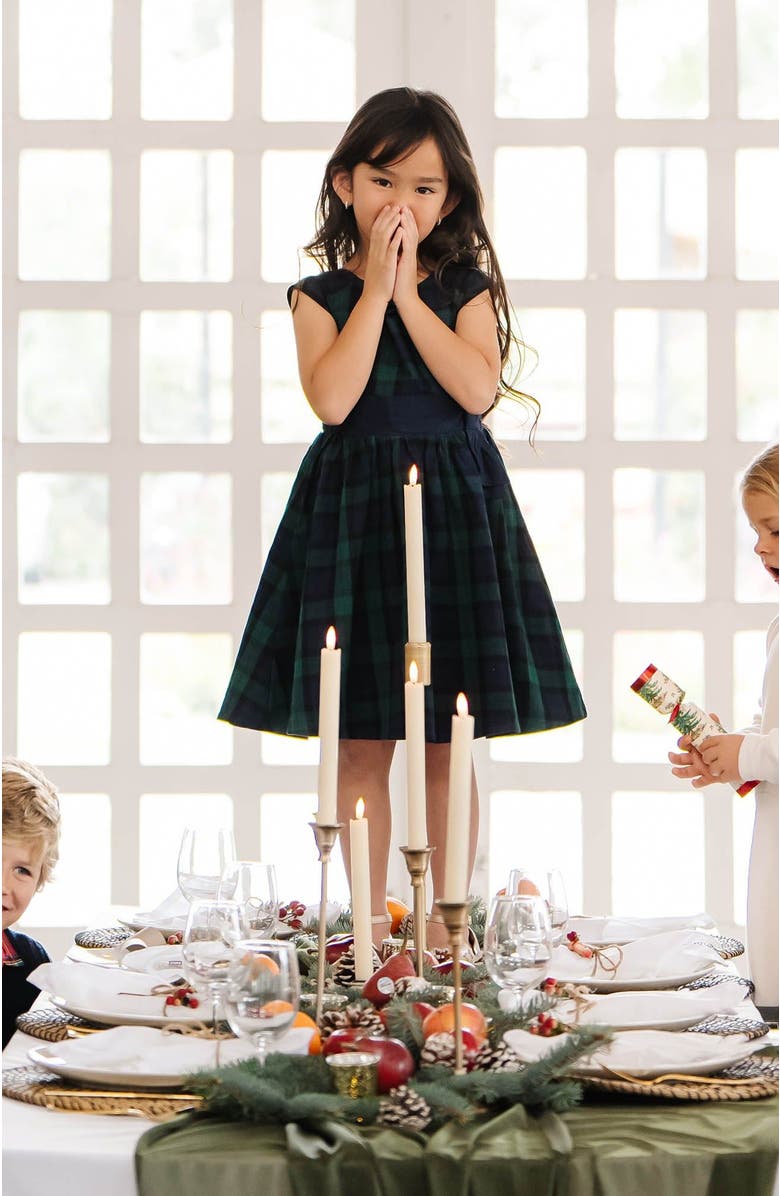 Hope & Henry Girls' Organic Cap Sleeve Party Dress with Bow Sash, Kids, Alternate, color, Black Watch Tartan