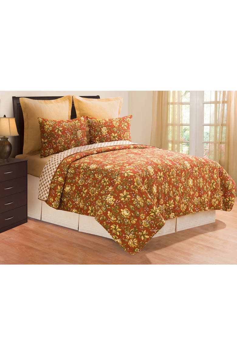 Estelle Fall Floral Cotton Quilt Set  - Reversible and Machine Washable, Alternate, color, Orange
