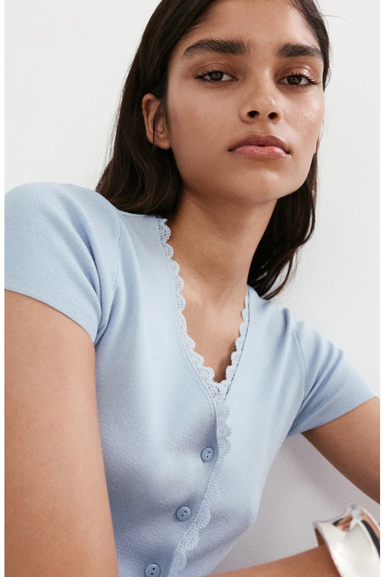 Lace Trim Short Sleeve V-Neck Cardigan, Alternate, color, SKY BLUE