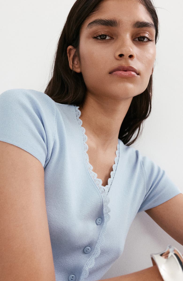 MANGO Lace Trim Short Sleeve V-Neck Cardigan, Alternate, color, Sky Blue