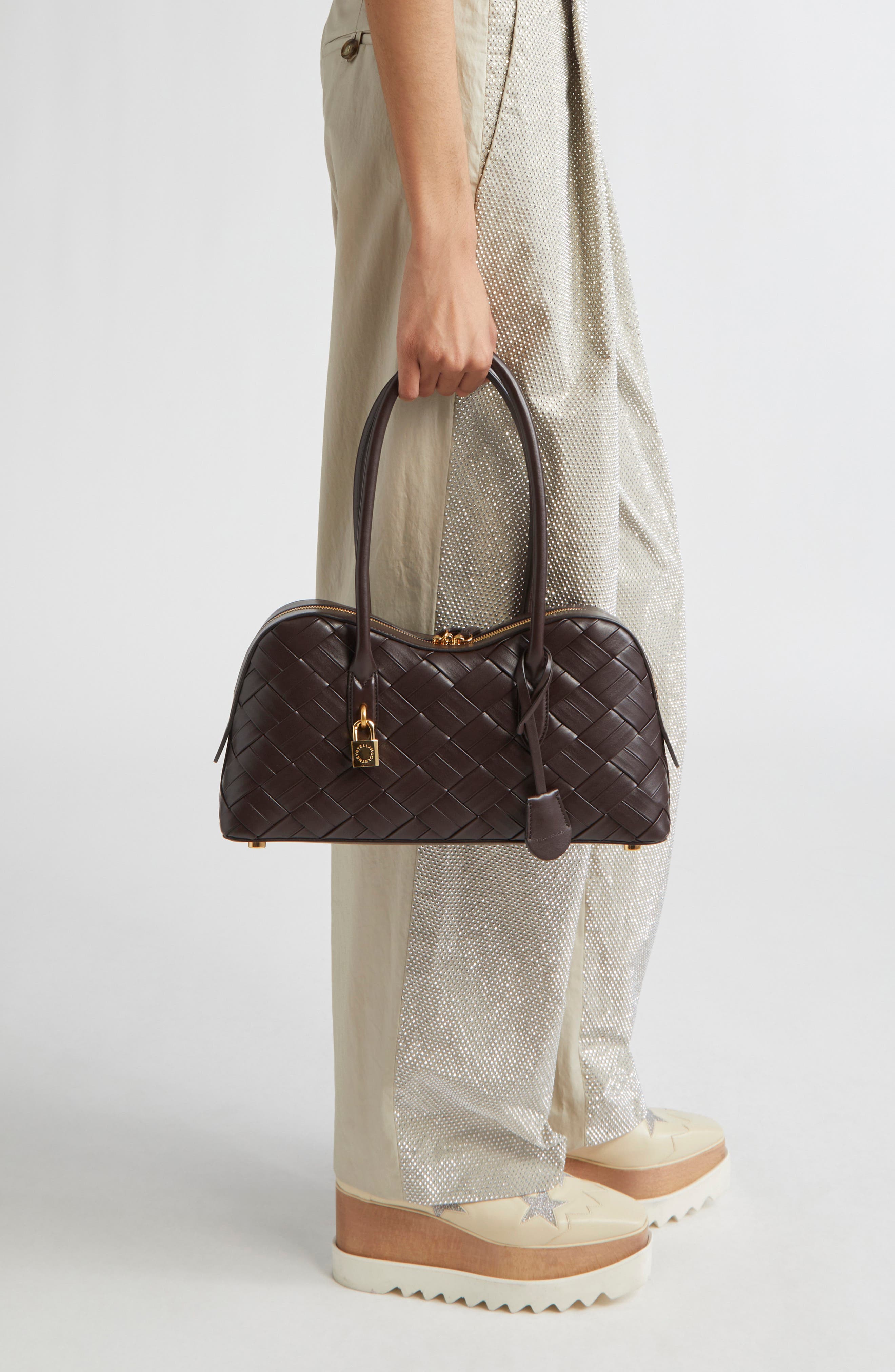 Stella McCartney Ryder Woven Faux Leather Shoulder Bag, Alternate, color, Chocolate Brown