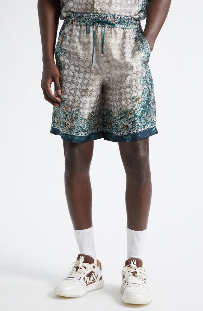 AMIRI Monogram Bandana Print Silk Shorts, Main, color, Multi Archived
