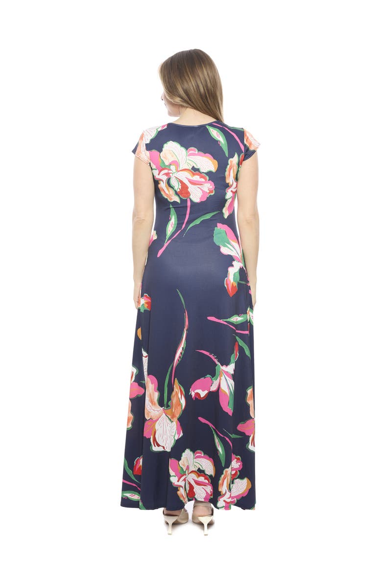24seven Comfort Apparel Womens Floral V-Neck Cap Sleeve Ruched Front Maxi Length Dress, Alternate, color, Navy Multi